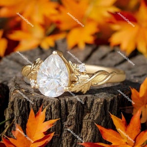 Bague de fiançailles en moissanite en forme de poire, bague de fiançailles unique en or rose, bague branche de feuille, bague inspirée de la nature, bague de promesse, cadeau pour elle