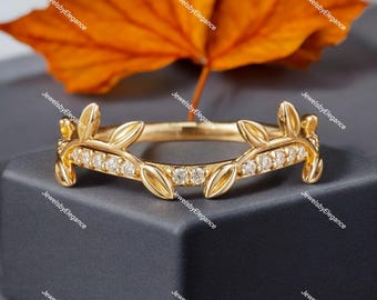 Moissanite Leaf Wedding Band: Vintage Gold Branch Ring, Sterling Silver