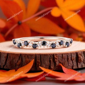 Round Black Onyx Half Eternity Band 14K Gold Stacking Band Promise Ring May Birthstone Wedding Band Bridal Anniversary Band For Her