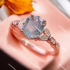 Hexagon Natural Black Rutile Gemstone Anniversary Bridal Ring Beautiful 14k Rose Gold Engagement Solitaire Women Promise Birthday Gift