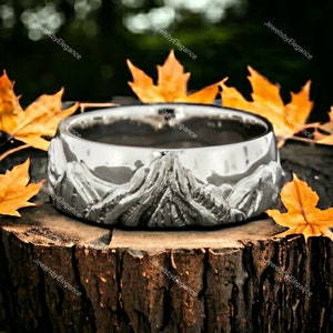 14k White Gold Mountain Band, Dainty Glacier Peak Band, Mountain Texture Wedding Band, Sterling Silver, Polished And Texture Band