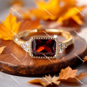 Garnet Engagement Ring, Emerald Cut Garnet Wedding Ring,7 Stone Ring, Round Moissanite, Dainty Gold Bridal Ring ,Art Deco Jewelry Gift