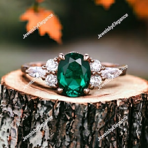 Emerald Ring - 14k Rose Gold - Oval Cut Emerald - Moissanite In art deco Style - Engagement Ring - Dainty Ring For Women - Gift For Her