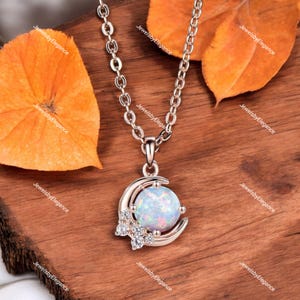 Natural Opal Necklace Rose Gold Unique Dainty Crescent Moon Moissanite Pendant Art Deco Women Anniversary Gift Delicate Gift