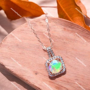 Round Opal Pendant Necklace for Women, Fire Opal jewelry, Ethiopian Opal Pendant Necklace, October Birthstone Opal Jewelry, Gift for her
