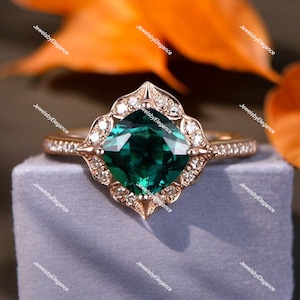 Cushion cut emerald ring gold vintage emerald engagement ring set 14k rose gold flower unique engagement ring dainty ring for women