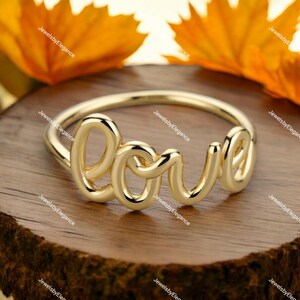 Anillo de amor con escritura, apilable en oro macizo de 14 quilates, minimalista, con letra cursiva, ideal para novia o cumpleaños.