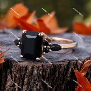 Emerald Cut Black Onyx Ring: 14k Rose Gold Art Deco Style, Sterling Silver