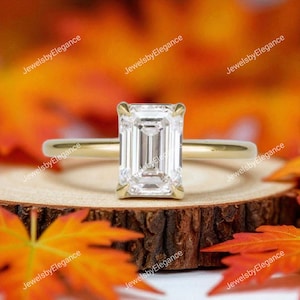 Emerald Cut Moissanite Engagement Ring: Art Deco 14k Gold, Sterling Silver