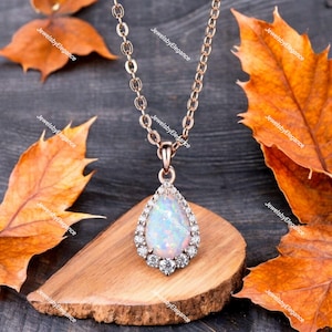 Rose Gold Opal Necklace: Pear Natural Opal & Moissanite Pendant