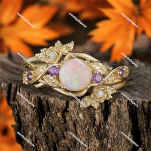Vintage Round Cut Opal Verlobungsring Set Blattgold Natur inspiriert Zweige Zweig Ring Runde Amethyst Floral Hochzeit Frauen Jahrestag Ring