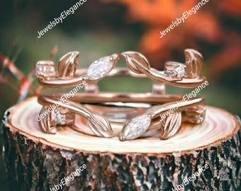 Unique Leaf Moissanite Curved Wedding band Vintage Twig band Rose gold double band Diamond Matching ring Promise ring Anniversary ring