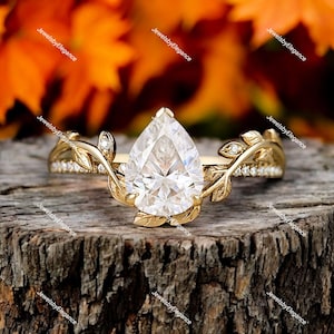 Pear Moissanite Engagement Ring: 14K Yellow Gold Leaf Branch Ring