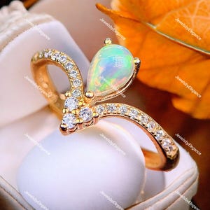 Pear Opal Engagement Ring Vintage Wedding Ring Yellow Gold Bridal Wedding Ring Natural Fire Opal Ring Birthstone, Anniversary Ring For Her