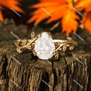 Bague feuille de fiançailles moissanite poire moissanite art déco, bague feuille en or rose 14 carats, bague de mariage unique, bague d&#39;anniversaire, cadeau pour elle