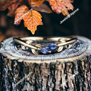 14k Yellow Gold Wedding Band, Blue Sapphire Band, Leaf Wedding Band, Twig Ring, Nature&#39;s Inspired Dainty Ring, Anniversary Gift for Her