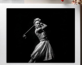 Frida Kahlo black and white art print | vintage photo style | Frida swinging golf club | unique feminist wall art | bold home decor