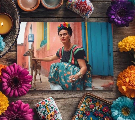 Frida Kahlo And Her Pet Deer 'Granizo' Colorized | 8 x 10 & 11 x 17  Matte Print In Full Color | Unique Gift | Unique image | 2Merchants