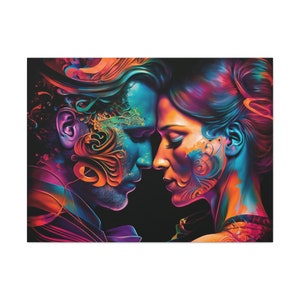 以下が含まれることがあります： 2 人が向き合っているカラフルな抽象画。顔は、青、オレンジ、ピンク、紫など、複雑な模様と色の渦で覆われています。