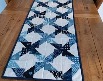 Unique Handmade Cotton Quilted Table Runner in Blues and White