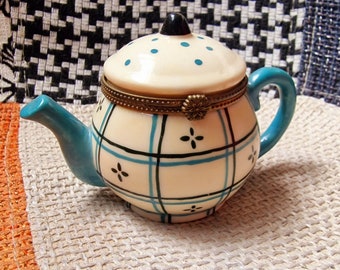 Vintage kleine keramische witte en blauwe theepot - merkloos