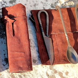 Pack of 5 Hand Forged Medieval Cutlery Set with brown leather pouch