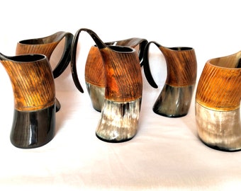 May include: Five brown and black drinking horns with a carved design. The horns are arranged in a row on a white surface.