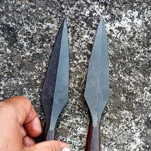 May include: Two dark grey metal spearheads with brown wooden handles. The spearheads are pointed and have a slightly curved shape.