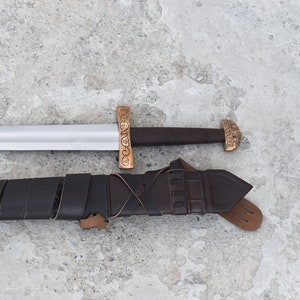 Viking Bjorn Sword With Brass Guard And Pommel And Leather Grip And A Deluxe Leather Scabbard