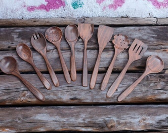 Handcraft Wooden Utensils for Cooking, Long Handle Wooden Spoons for Cooking, 10 PCES Crafting Wooden Spoon Set, Wooden Kitchen Utensil Set.