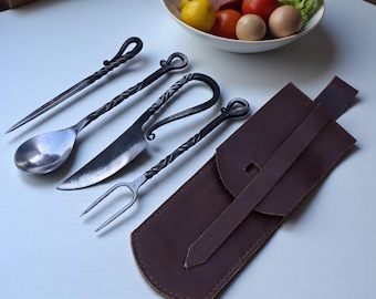 Hand-Forged Medieval Cutlery Set – Blacksmith Spoon, Fork & Knife with Leather Pouch