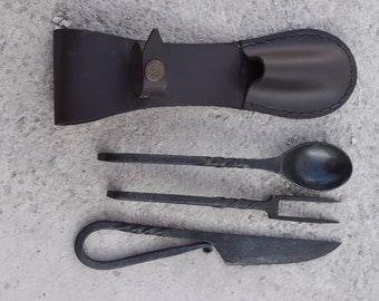 Hand Forged Viking Medieval Cutlery Set With Leather Cover , Best Gift For Christmas , New Year ,