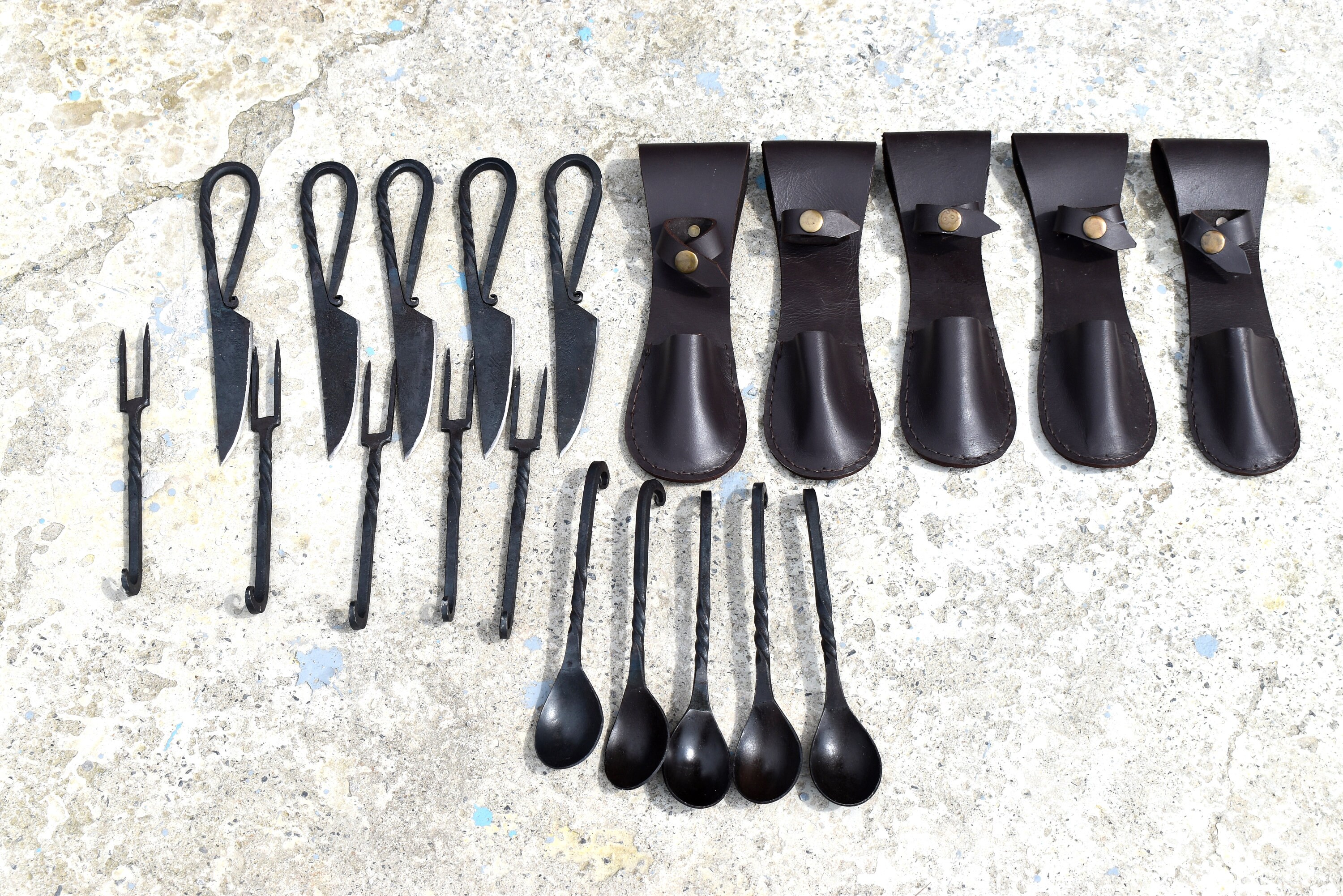 Set De Couverts Vikings Médiévaux Cuillère + Couteau Manches Acier Forges Item 14360884