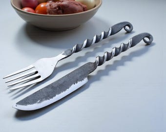 Hand-Forged Iron Knife & Fork Set – Twisted Handle Artisan Utensils