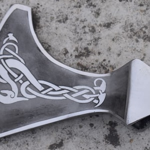 Hand-Forged Viking Axe Head With Etched Wolves