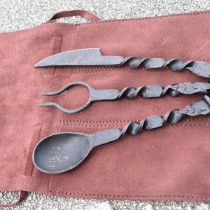 Hand Forged Leaf Design Medieval Cutlery Set With Leather Pouch.  Best Gift For New Year, Halloween Party, Easter Etc.