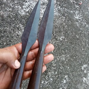 May include: Two dark grey metal spear points with wooden handles.