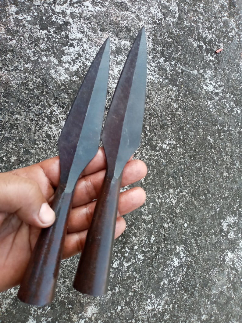 May include: Two dark grey metal spear points with wooden handles.