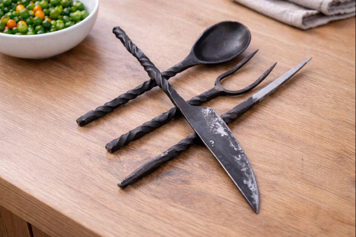 Medieval Kitchenware Hand Forged Medieval Kitchen Utensil Set – Knife, Spoon, Fork & Skewer ...
