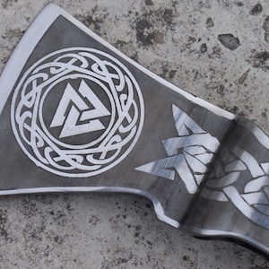 Hand-Forged Viking Axe Head With Etched Wolves