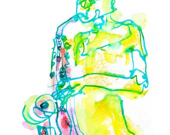 Yellow Jazz Sax Player - Giclée Print (A5/A4)
