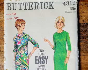 Vintage Butterick 4312 Womens Dress Pattern, 60s Dress Pattern, Mini Dress Pattern*Size 12, Bust 32" UNCUT & Size 14, Bust 34" CUT