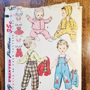 Vintage Simplicity 4417 Infant Overalls Pattern, Baby Jacket Pattern, Baby Bonnet Pattern, 1950s Children Fashion *Size 6M* UNCUT (1953)