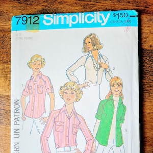 May include: A sewing pattern for a blouse with three different views. The pattern is from Simplicity and is number 7912. The pattern is for a miss or a young woman.