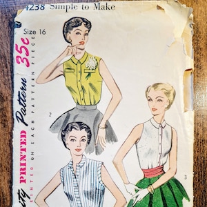 May include: Vintage Simplicity sewing pattern for a sleeveless blouse. The pattern is for size 16 and is printed on each pattern piece. The pattern shows three different styles of blouses, one with a yellow striped fabric, one with a white fabric, and one with a blue and white striped fabric.