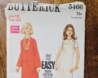 Vintage Butterick 5466 Womens Dress Pattern, 60s Dress Pattern, Short Dress Pattern, A-Line Dress Pattern *Size 12, Bust 34"* UNCUT Pattern