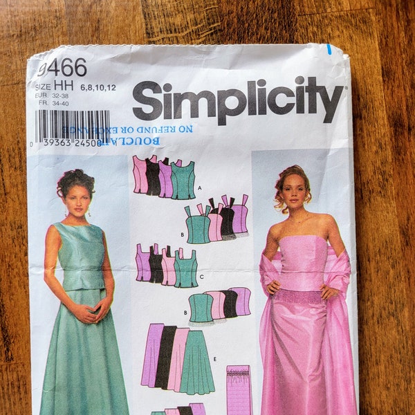 Simplicity 9466 Womens Eveningwear Pattern, Two-Piece Formal Dress Pattern, Formal Length Skirt Pattern, Bustier Top Pattern *Size 6-12* Cut