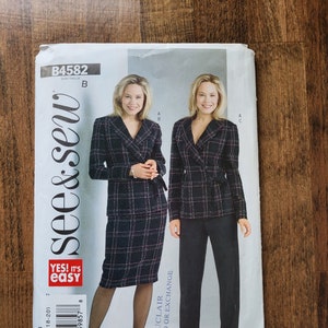 May include: A sewing pattern for a plaid blazer and skirt or pants. The pattern is from the brand "see & sew" and is labeled "B4582".