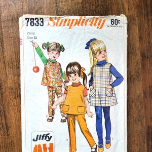 Vintage Simplicity 7833 Girls Jumper Pattern, Girls Tunic Pattern, Girls Pants Pattern, Vintage Kids Sewing *Size Child 6x* Cut 1968
