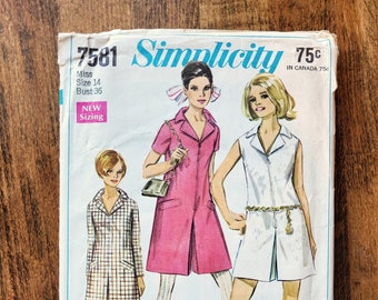 Vintage Simplicity 7581 Womens Pantdress Pattern, 60s Dress Pattern, Summer Dress Pattern, Short Dress Pattern, *Size 14, B 36" UNCUT 1967